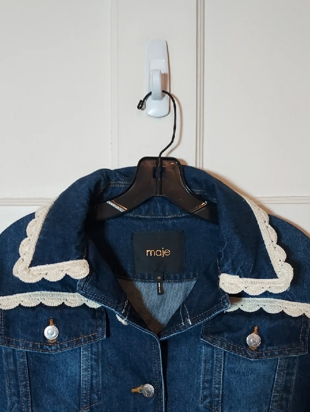 Maje Denim Jacket With Crochet Hook Finishes Size 40 US Sz Large - Picture 9 of 16